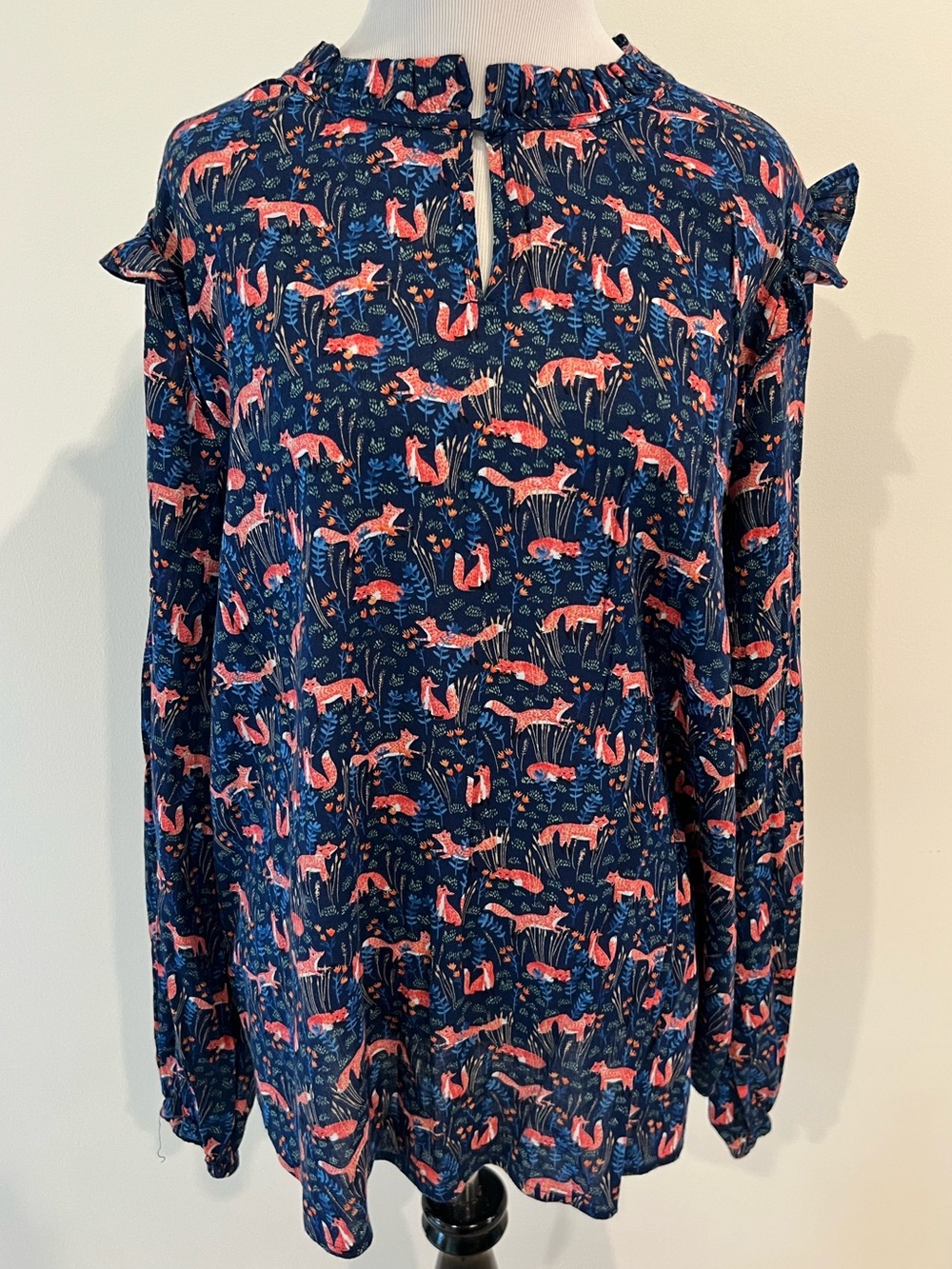 St. John's Bay Fox Print Blue Ruffle Long Sleeve Blouse Top Womens Sz XL